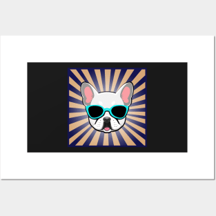 White Frenchie Dog Wearing Blue Sunglasses Cute French Bulldog Posters and Art